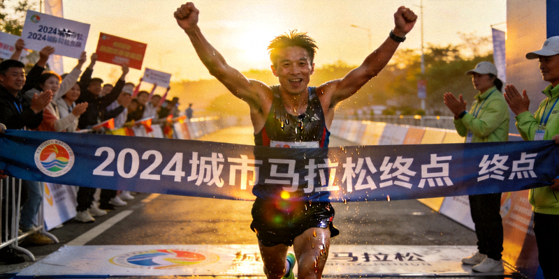 跑者冲过马拉松终点线后激动庆祝的实拍照片